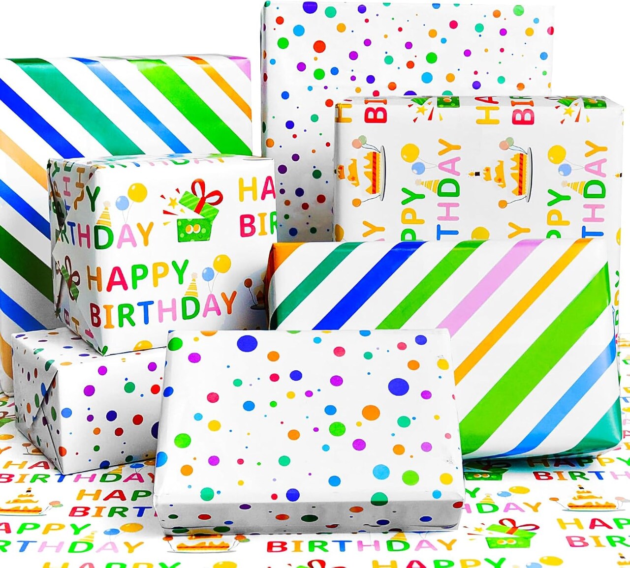 Birthday Wrapping Paper Sheet Set – 12 Sheets, 20x29” Each, Polka Dots, Stripes & “Happy Birthday” Designs for Kids, Adults & Holiday Gifts (Birthday)